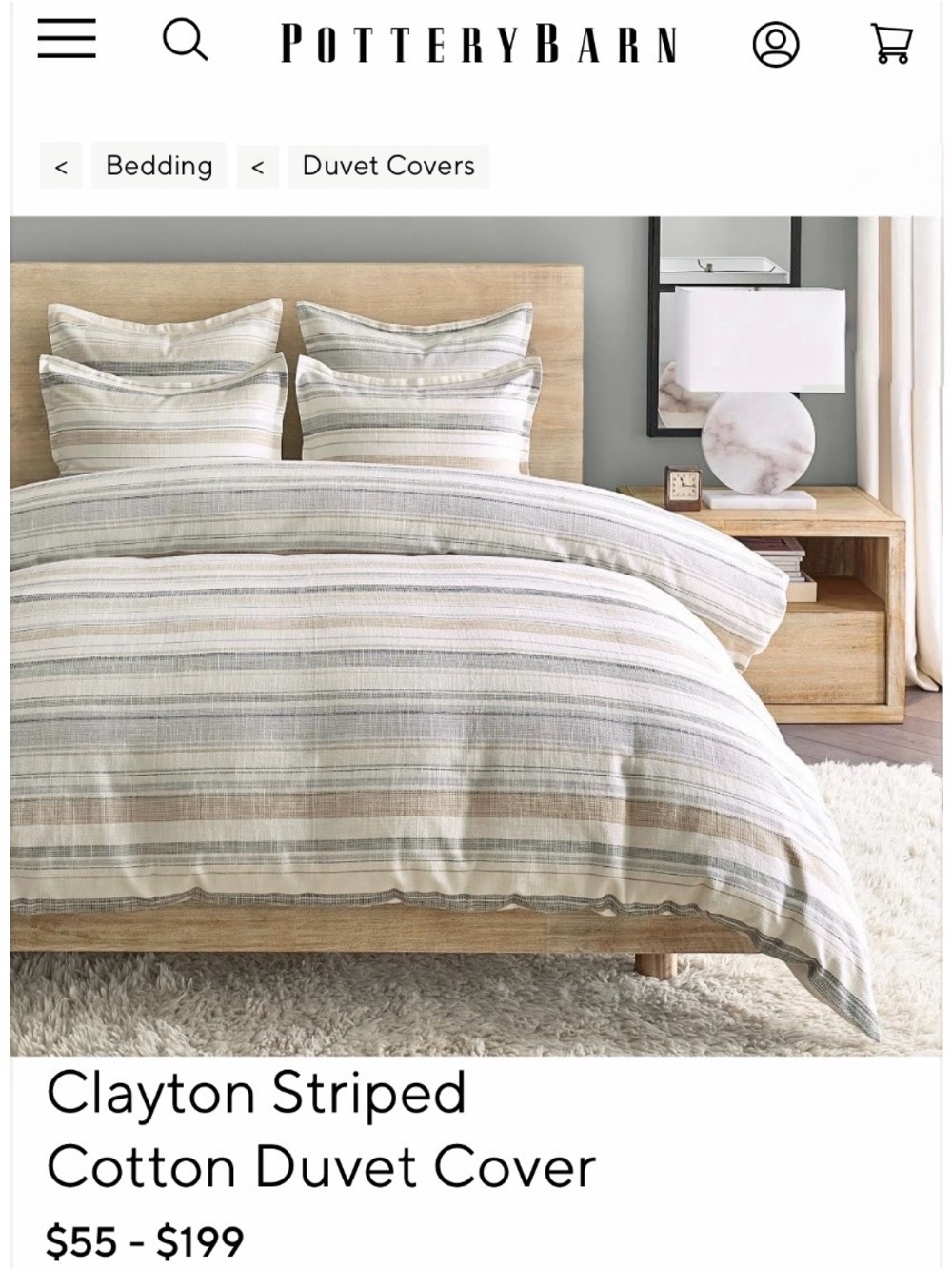 Pottery Barn Clayton Striped Cotton Duvet Cover Cotton Neutral Stripe Queen Size